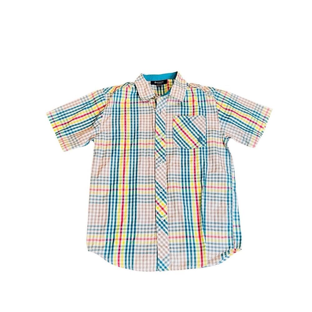 Rocawear Boys Collared Button Down Blue Tan Pink Plaid Shirt LARGE